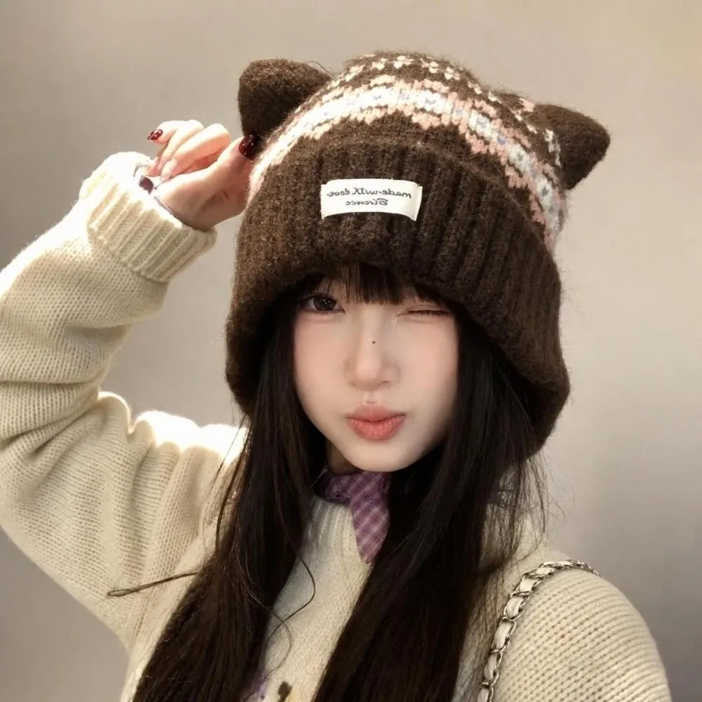 Cat Ear Knitted Woolen Cap Thickened Keep Warm Strap Beanie Hat Windproof Fell Island Style Winter Pullover Hat for Women Girls