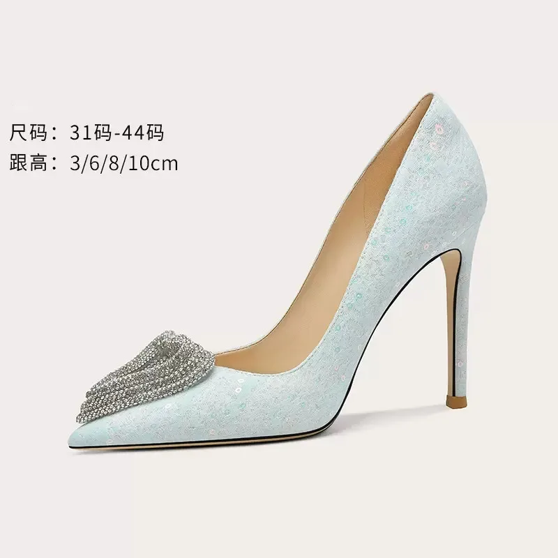

Spring/Summer New Pointed Rhinestone Sequins Single Shoes Thin High Heel Banquet Dress Versatile Large and Small Women's Shoes