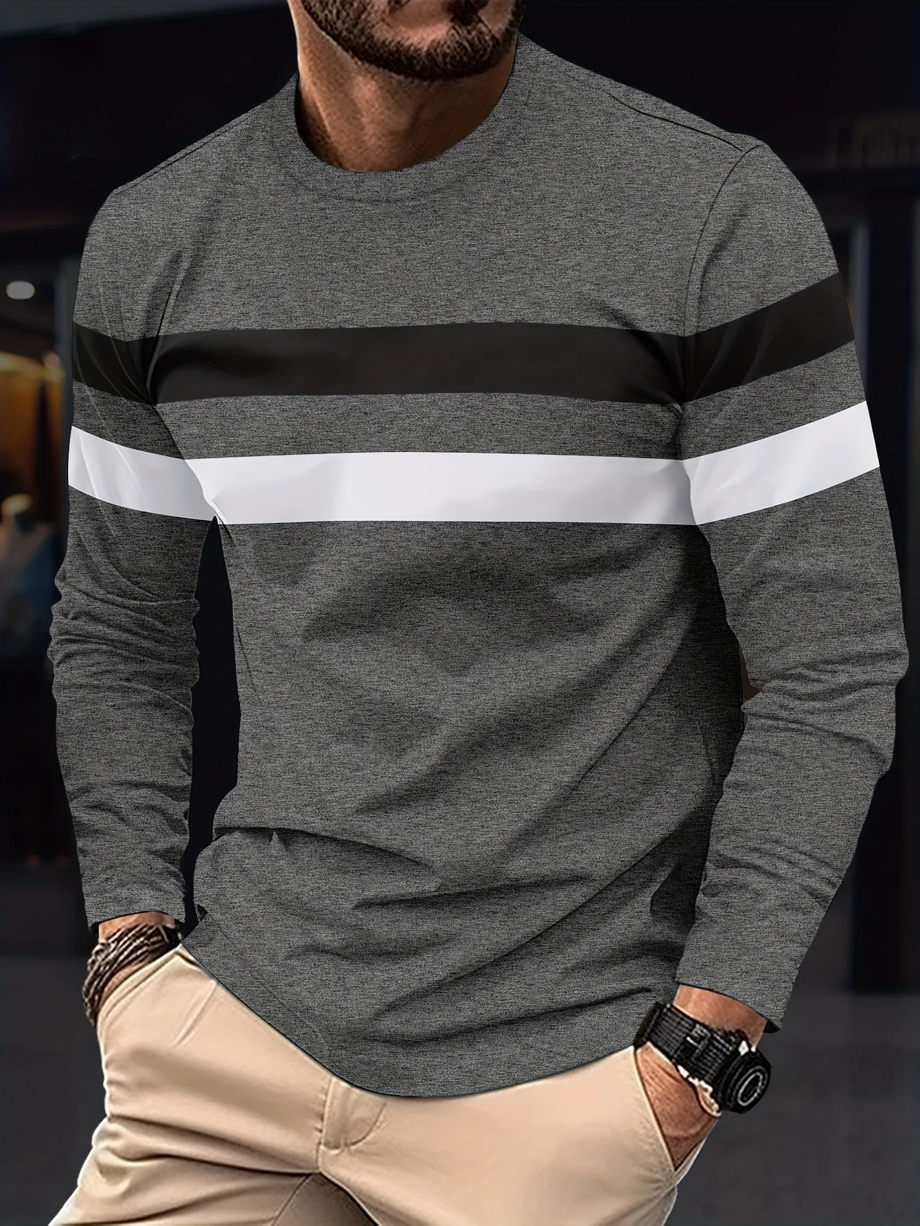 Spring and Autumn Men's Sports Long Sleeve Crew Neck T-Shirt Polyester with Color Block Details Micro Stretch Knit Casual Sport