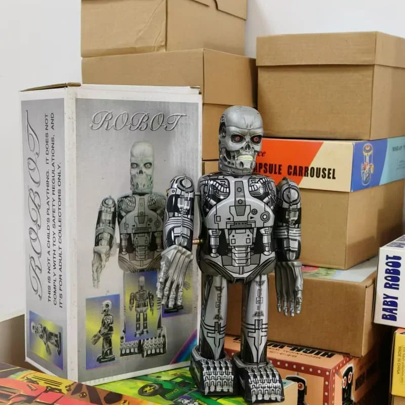 [Divertido] colección clásica, mecanismo de relojería Retro, robot terminador de estaño para caminar de Metal, juguetes mecánicos, regalo de Navidad para niños