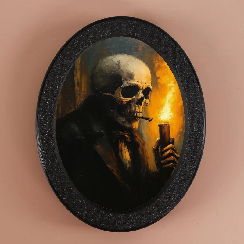 Dunkler gotischer Totenkopf mit Kerze und Zigarette, Wandkunst, ovaler Rahmen, Kunststoffdekoration