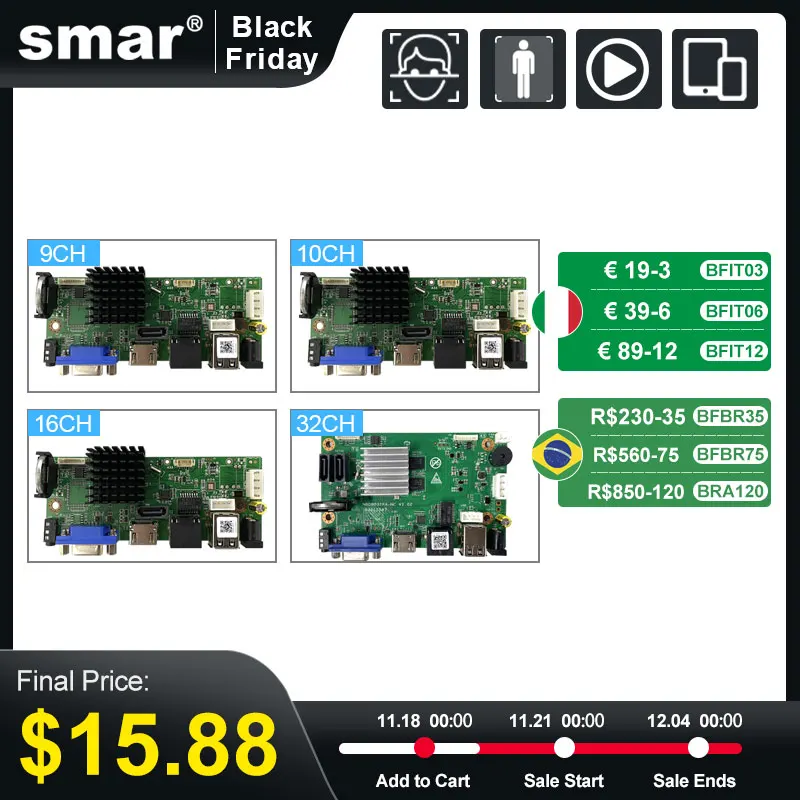 Smar CCTV 9CH 10CH 16CH 32CH 4K NVR Motherboard For 5MP 8MP IP Camera Support XMEYE ONVIF H.265+Network Digital Video Recorder