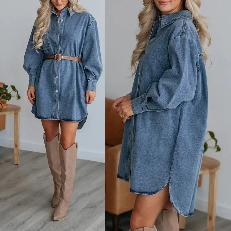 Denim Dress Women Vintage Streetwear Dresses Single Breasted Turn Down Collar Pockets Splice A Line 2024 Autumn Female Vestidos