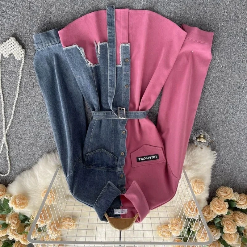 

Dress Women Fall Spring Denim Patchwork Lapel Collar Korean Style Fitted Waist Slimming Asymmetrical Hem Mid-Length Shirt Dress