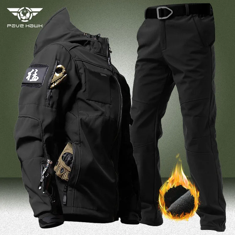 

Зимние тактические комплекты для мужчин, куртка с капюшоном и брюки-карго в стиле милитари из мягкой кожи акулы, костюм из 2 предметов, водонепроницаемый флисовый армейский комплект