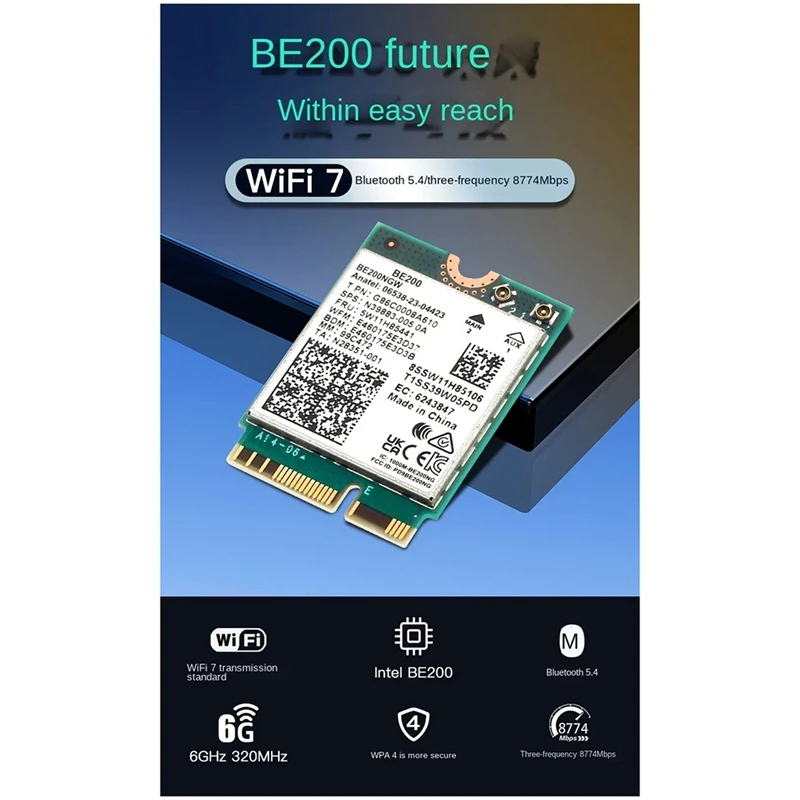 BE200 WIFI 7 Wireless Wifi Card Wifi 6E BE200NGW Bluetooth 5.4 802.11AX Tri-Band M.2 NGFF Network Adapter Durable Easy Install