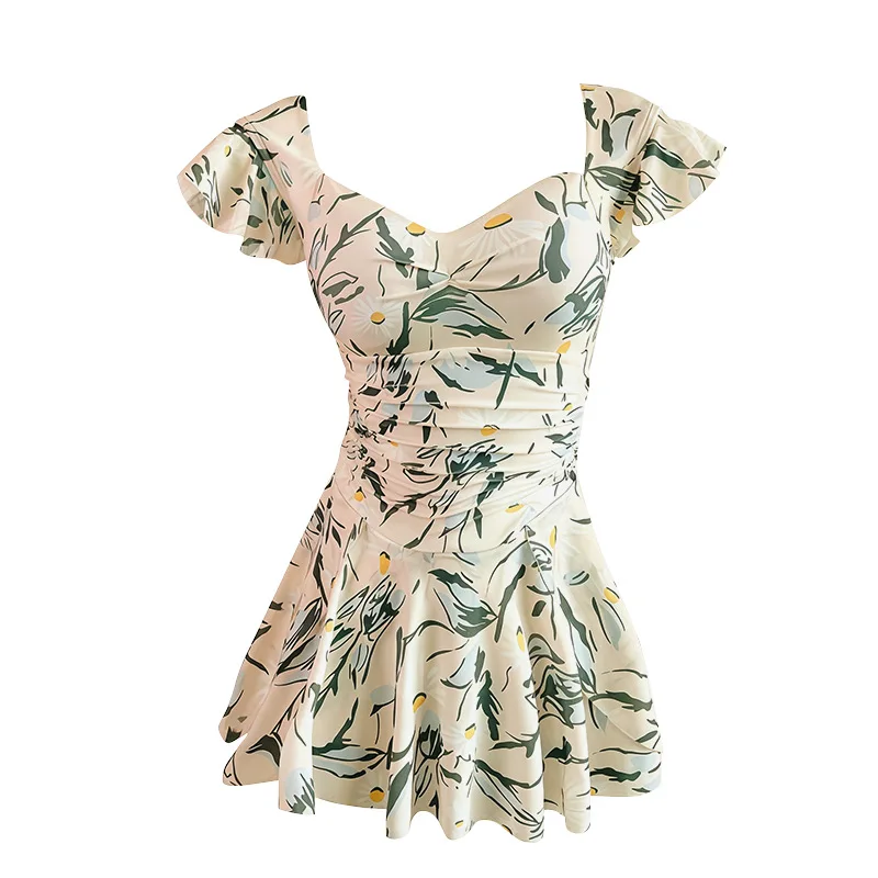 ชุดว่ายน้ำแฟชั่นเกาหลีสุดเซ็กซี่ ลายดอกไม้ระบาย ชุดว่ายน้ำวันพีซ ชุดเดรสสั้นจับจีบ ชุดบิกินี่แบบกางเกงขาสั้น ชุดว่ายน้ำเสริมฟองน้ำ ชุดว่ายน้ำแบบแทงกินี่