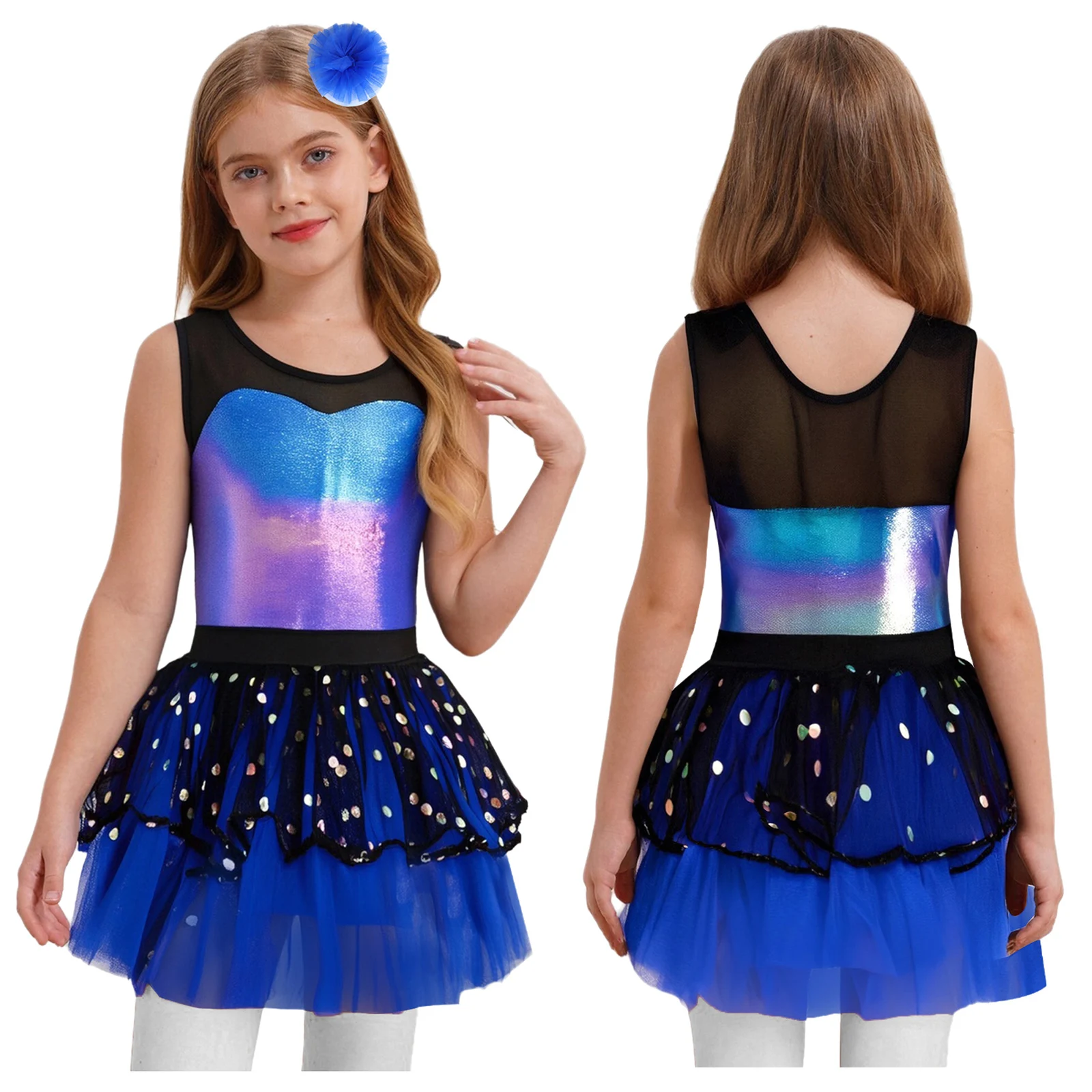 Abito da balletto in tulle da ballo per ragazze per competizioni di spettacoli Abito tutù in rete con corpetto metallico senza maniche con copricapo Dancewear