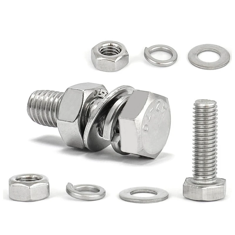 304 Steel Hex Head Screws Nuts Flat Lock Washers Combination Set M3 M4 M5 M6-M16 Hardware Kit