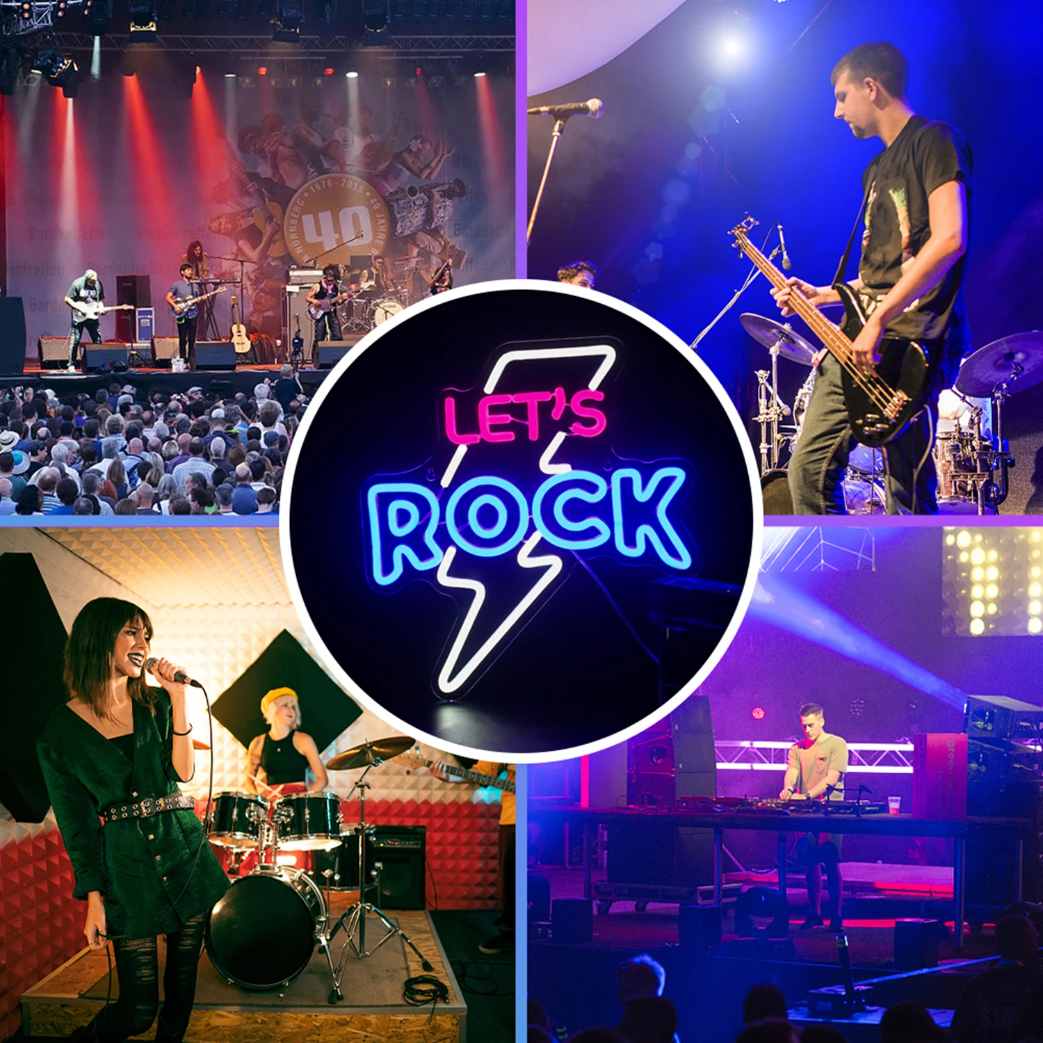 Let's Rock-Applique Murale LED à Intensité Réglable, Signe Néon, Musique en Direct, Art, Studio, Chang, Bar, Boîte de Nuit, ixd'Anniversaire, USB, Décor de Chambre