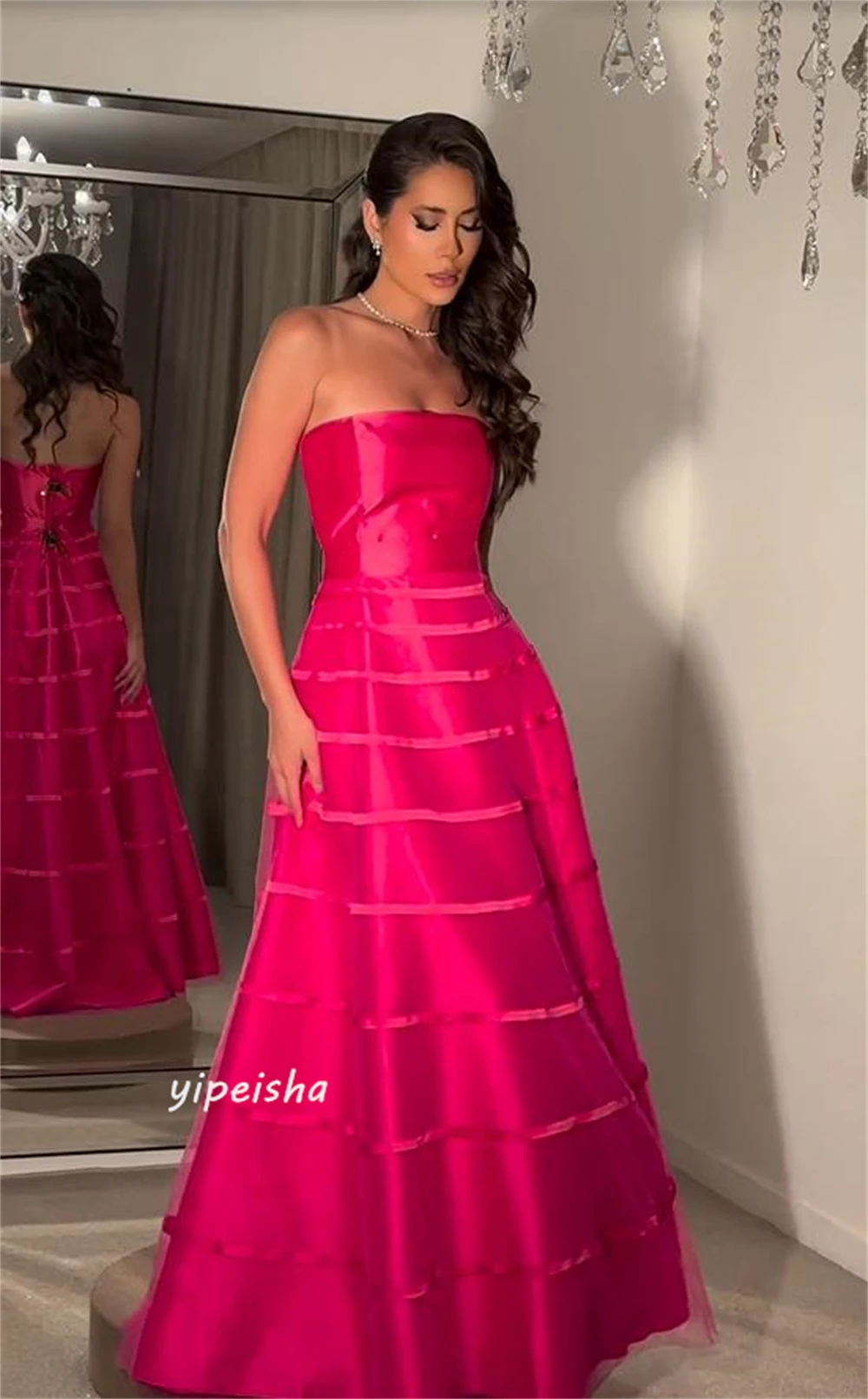 Vestido de tule sem alças, vestido de formatura, Arábia Saudita, Clássico, Estilo moderno, noite formal, até o chão, cetim