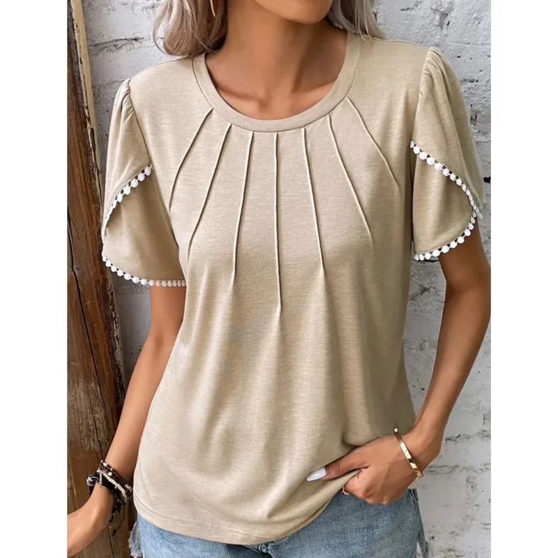 

Solid Casual Loose Blouses For Women's Fashion 2024 Summer Vintage O-neck Leace Short Sleeved Women's Shirts Elegant Female Tops