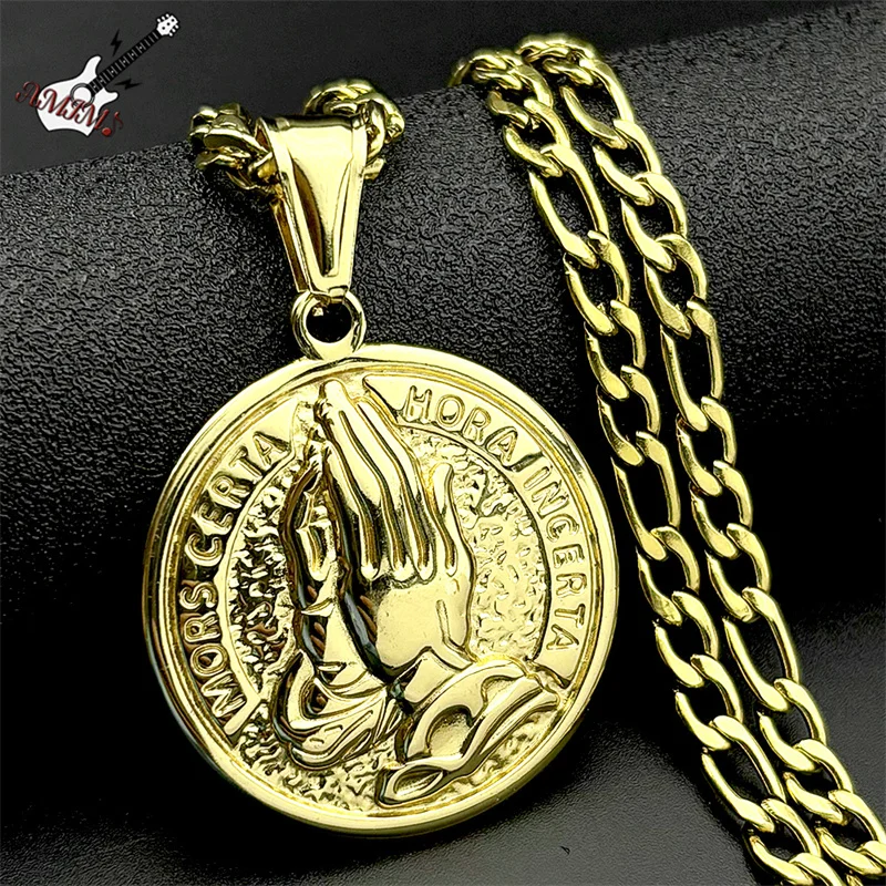 

Praying Hands Pendant Necklace Gold Color Stainless Steel MORS CERTA HORA INCERTA Men Religious Amulet Hiphop Chain Jewelry