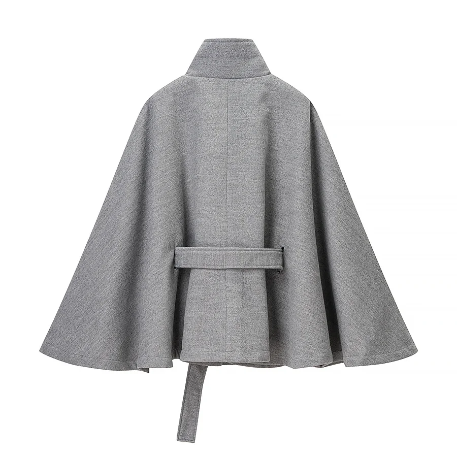 YENKYE Stand Collar Flare Sleeve Elegant Woolen Coat Women Single Button With Belt Autumn Winter Short Outerwear Lady Outfits