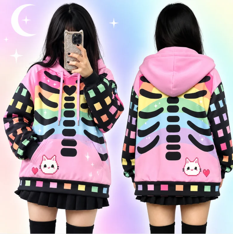 Unisex Kawaii Rainbow Skeleton Print Hoodie, Cute Pixel Cat Graphic Hooded Sweatshirt for Halloween and Street Daily Wear Y2K