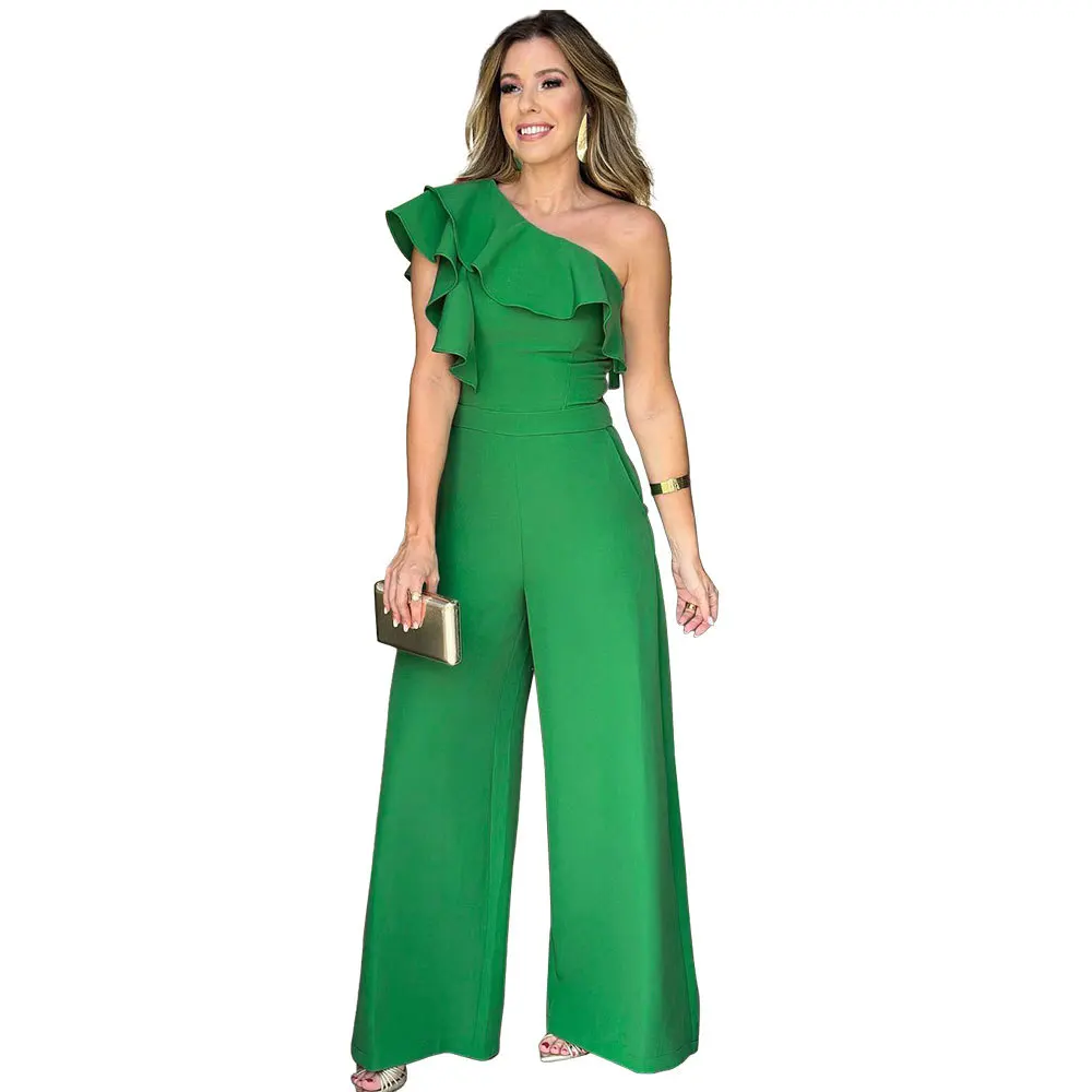 

Spring Summer New Women's Solid Color One-Shoulder Ruffled Waist One-Piece Trousers Playsuit Jumpsuit Pants