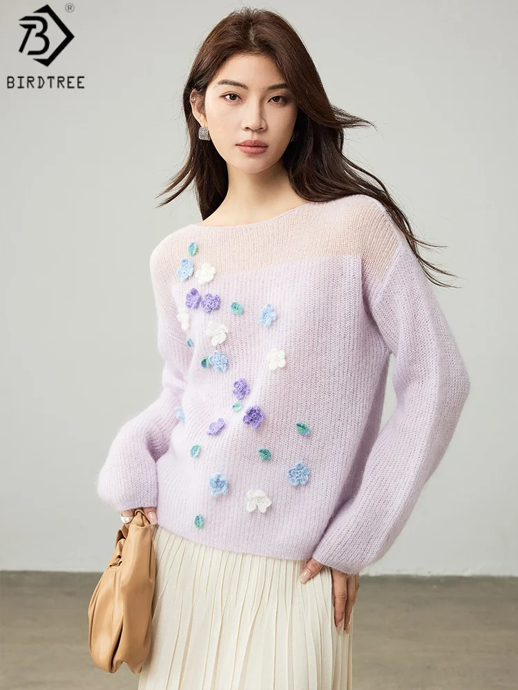 

Birdtree 33% вязаный полупрозрачный свитер из овечьей шерсти, женская рубашка с длинными рукавами из смеси шерсти с цветочным принтом, осенний свободный пуловер с круглым вырезомT59515JF