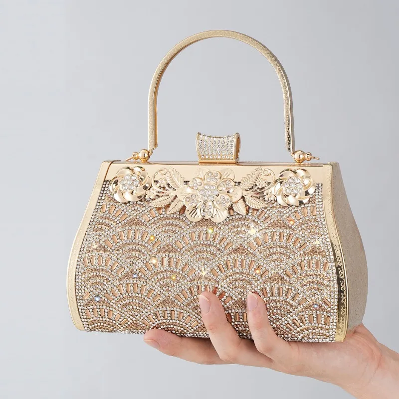 Diamond Setting Women's Golden Acrylic Evening Bag Glitter Rhinestones Hard Box Banquet Handbag Evening Bag Prom Clutches