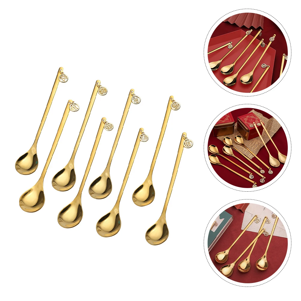 

8Pcs Stainless Steel Dessert Spoons Unique Coffee Spoons Chinese Style Mixing Spoon Ideal For Cakes And Ice Cream