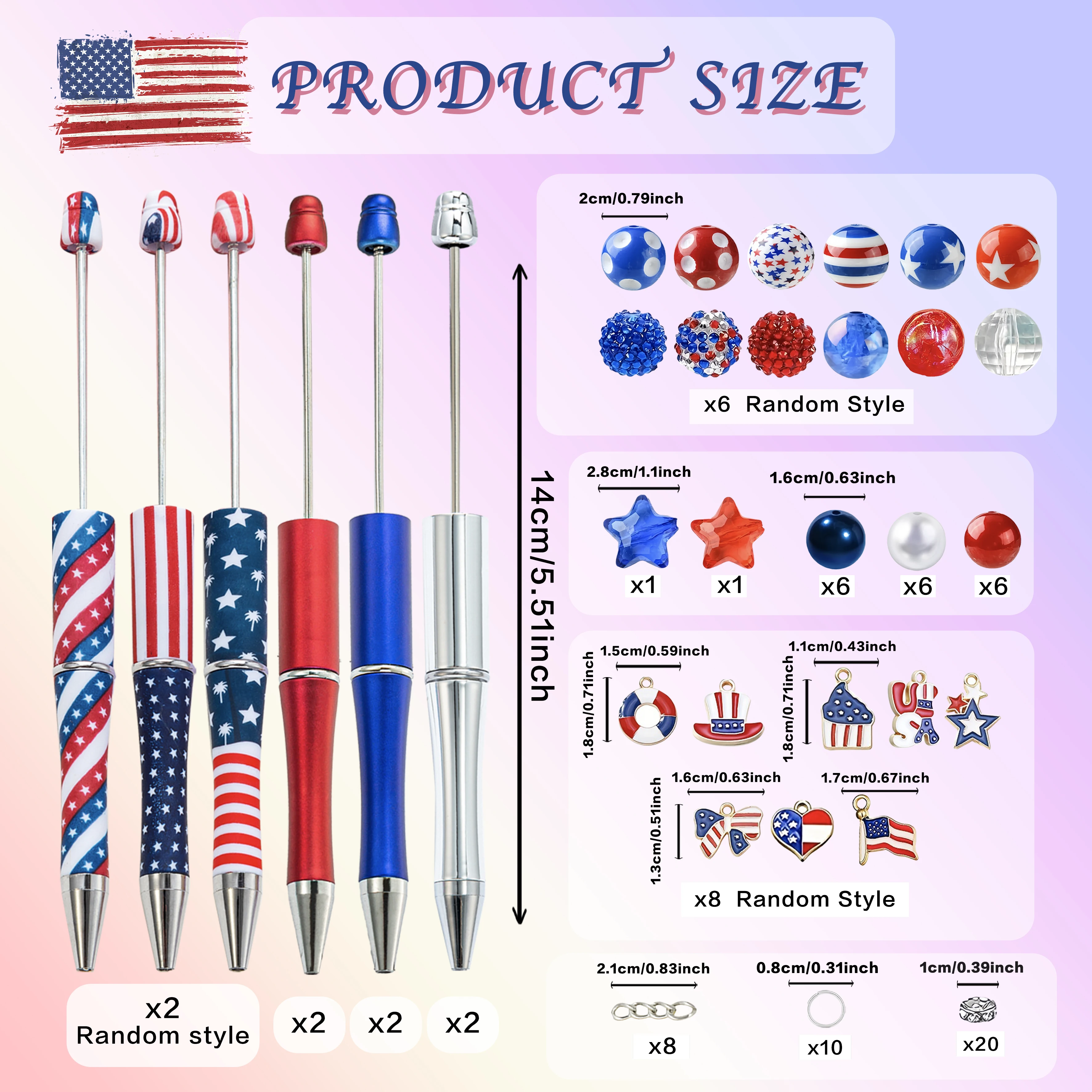 8PCS Flag Star American Independence Day Theme DIY Bead Ballpoint Pen &Acrylic Bead Pendant Set, Office &School Supply