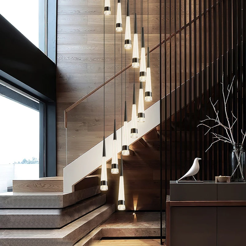 Led Staircase Chandelier Modern Living Room Hanging Attic Chandelier Villa Chandelier Indoor Lighting Conical Ceiling Chandelier