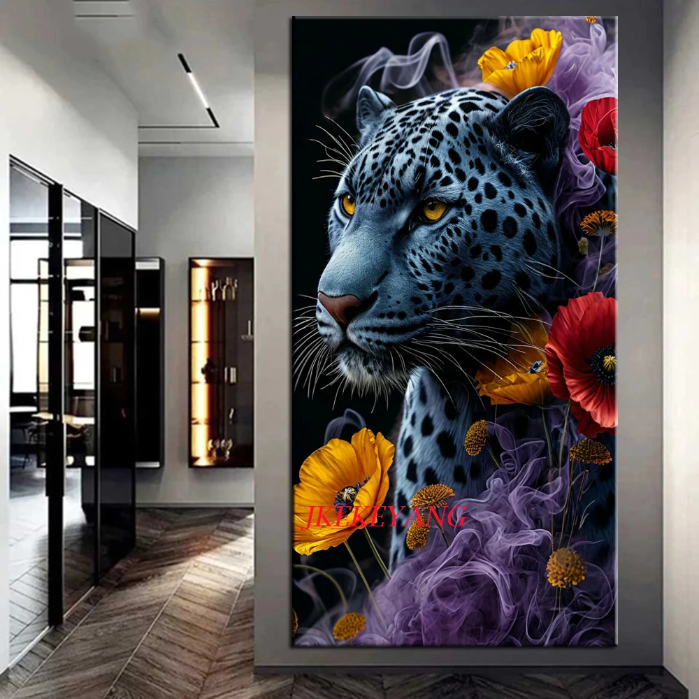 5D Diamond Painting Leopard and Poppy Flowers Picture Full Drills Diamond Rhinestone Mosaic Image Embroidery