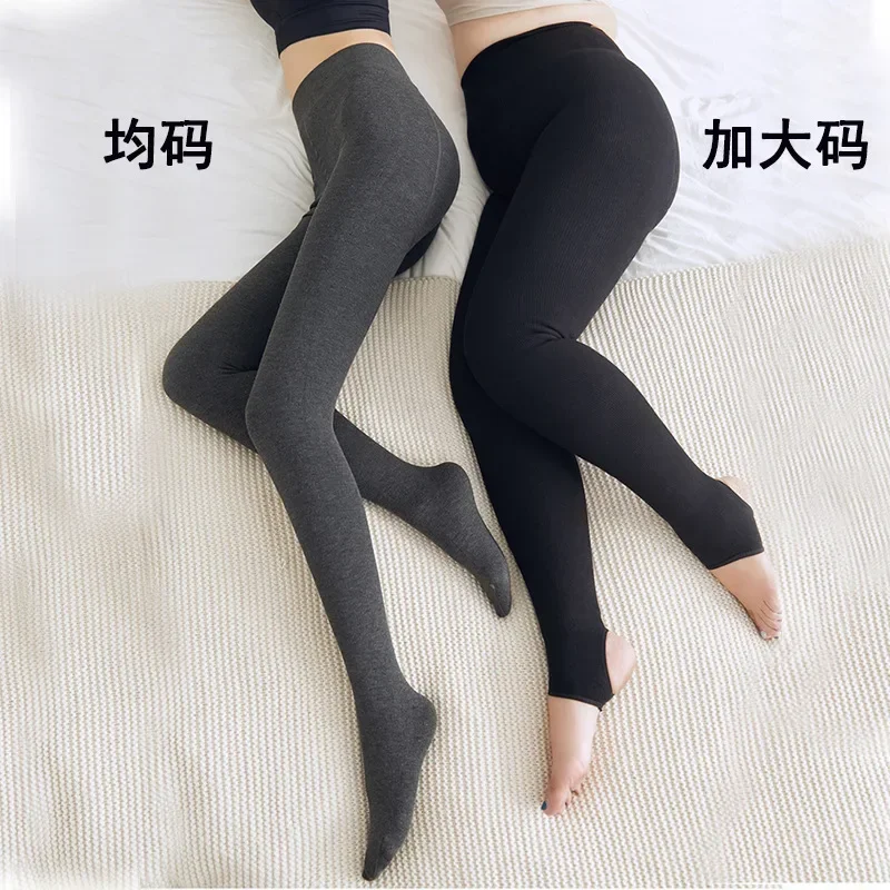 Female Legging Plus Size Fleece Thread Cotton Vertical Stripe Leggings Pantyhose Thermal Big Size Ladies Tights Thick Stockings