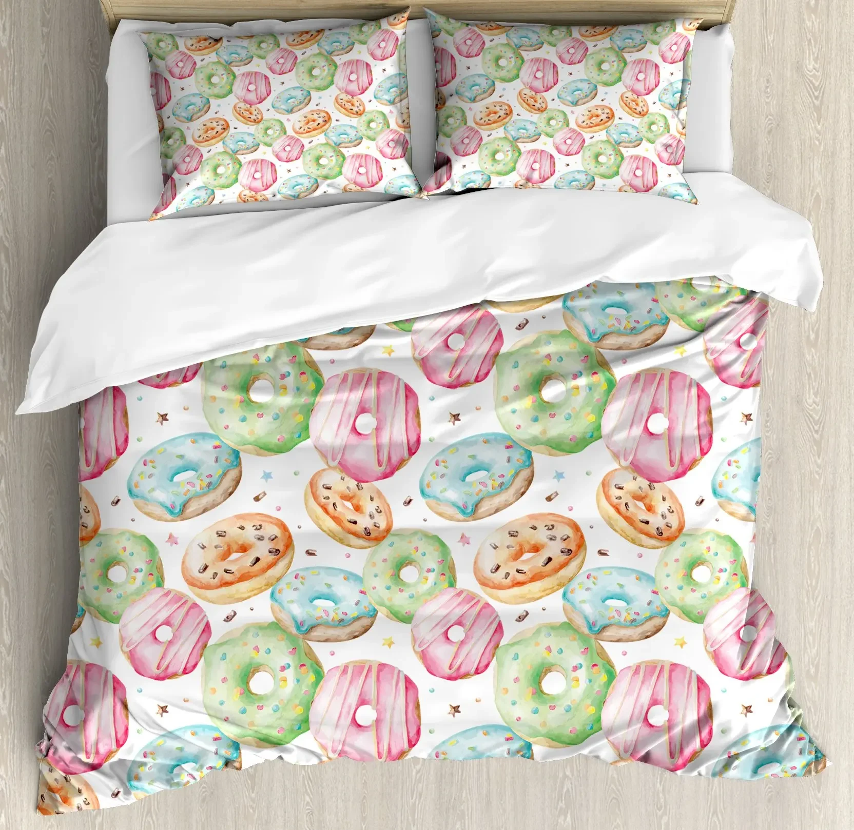 Watercolor Duvet Cover Set, Delicious Pink Donuts Pattern, Decorative 3 Piece Bedding Set with 2 Pillow Shams, Queen Full Size