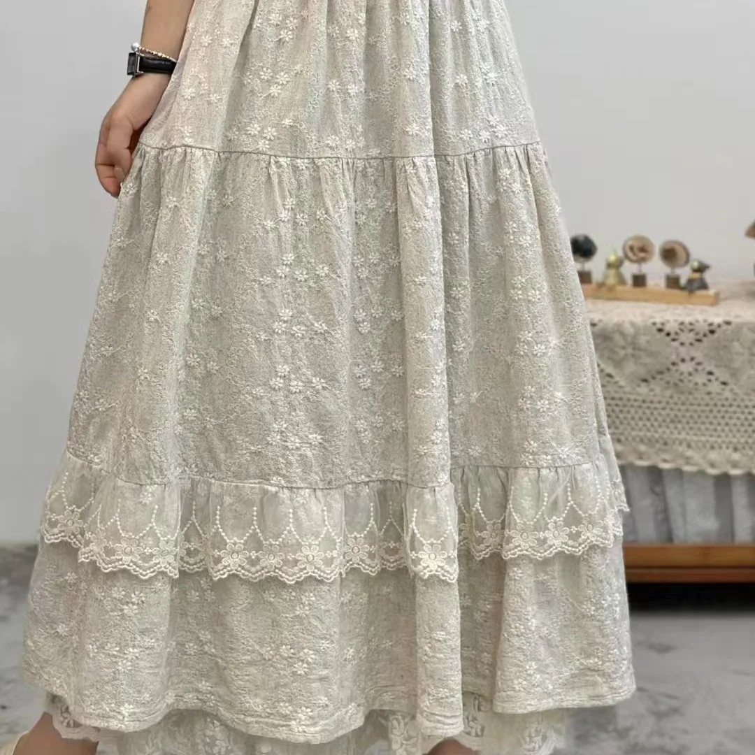 TIYIHAILEY Cotton Lace Long Maxi Skirts Elastic Waist A Line Beige Spring and Summer Beige New Fashion 2025 Ladies Embroidery