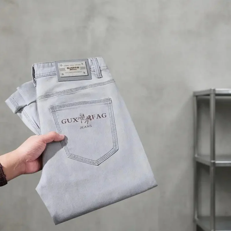 2026 New Men's Casual Jeans in Light Gray, Straight Cut with Back Pockets and Embroidered Patches, Soft Denim Pants
