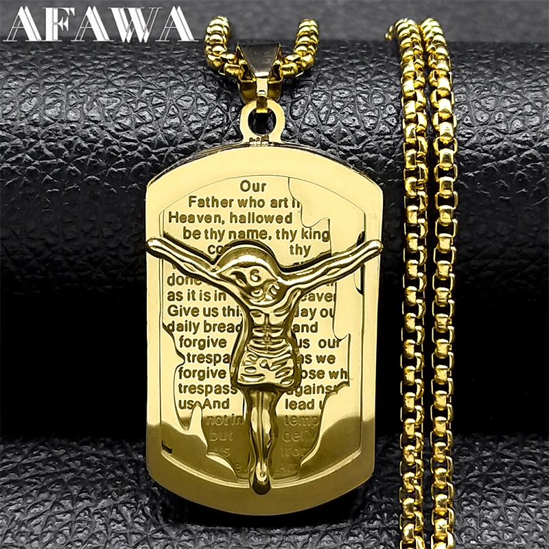 

Lord's Prayer Crucifix Jesus Christ Dog Tag Pendant Necklace for Women Men Stainless Steel Gold Color Male Chain JewelryN7435