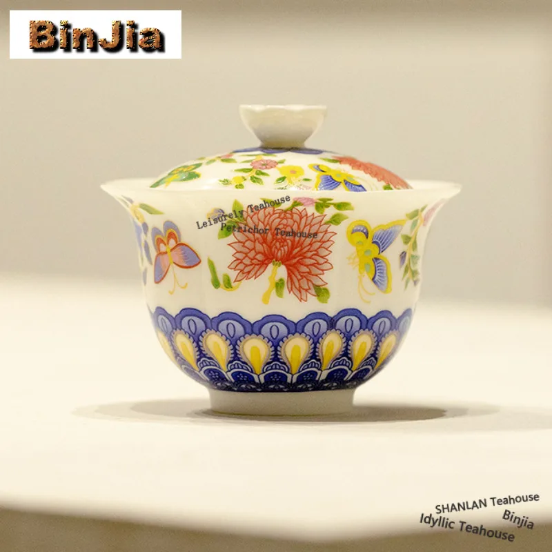 

120ml Enamel Hundred Flowers Butterfly Gaiwan Vintage Tea Tureen Tea Bowl with Lid Kit Tea Brewing Cover Bowl Tea Ceremony Gift