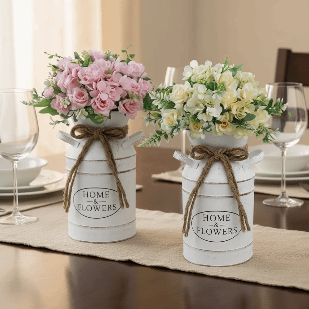Elegant Rustic Style Farmhouse Vintage Vase Two Side Handle Galvanized Iron Flower Bucket Decorative Flower Jug Home Decor