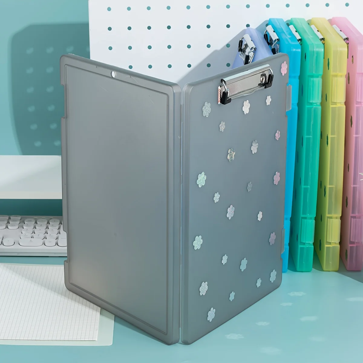 مجلد ملفات بلاستيكي مزين بالزهور مع وسادة كتابة وفتحة قلم - سعة كبيرة، صندوق منظم مكتبي مستطيل بألوان متنوعة
