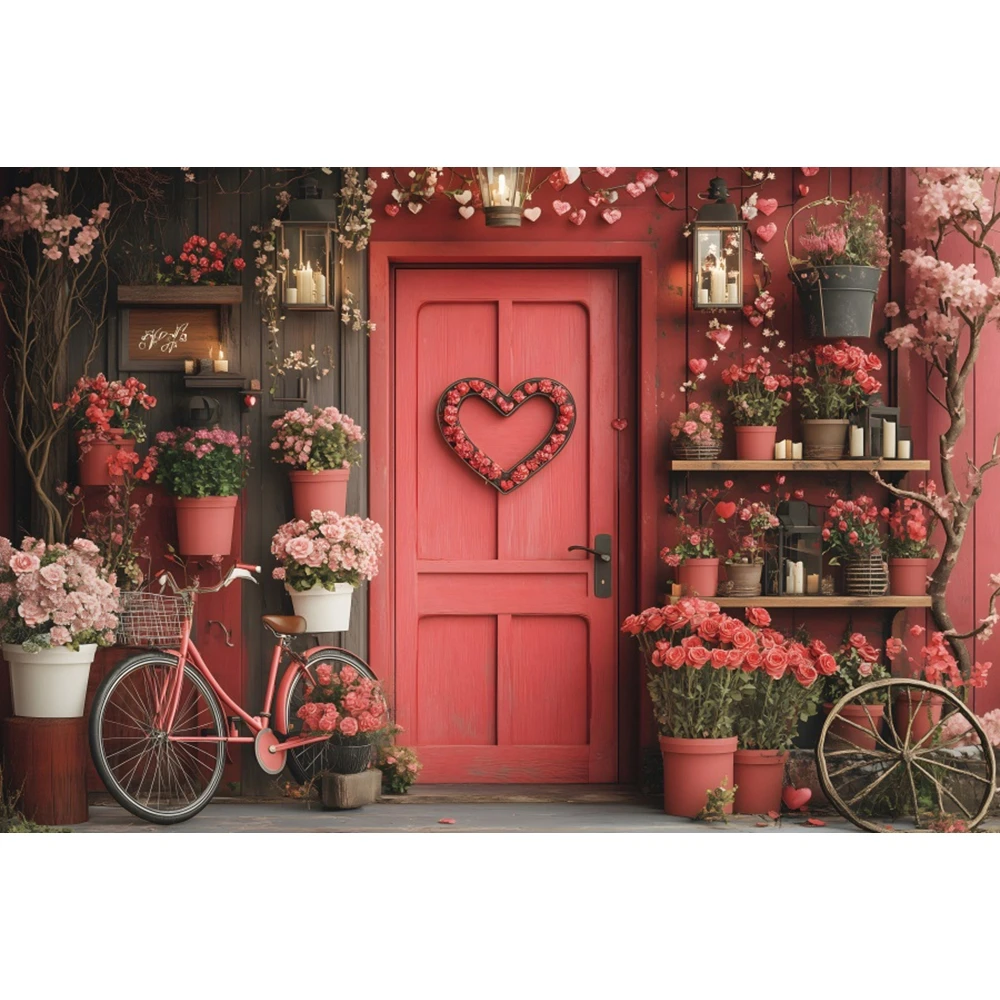 Romatic Valentine's Day Backdrop Red Wooded Door Rose Flower Love Heart Wedding Party Couple Portrait Photography Background