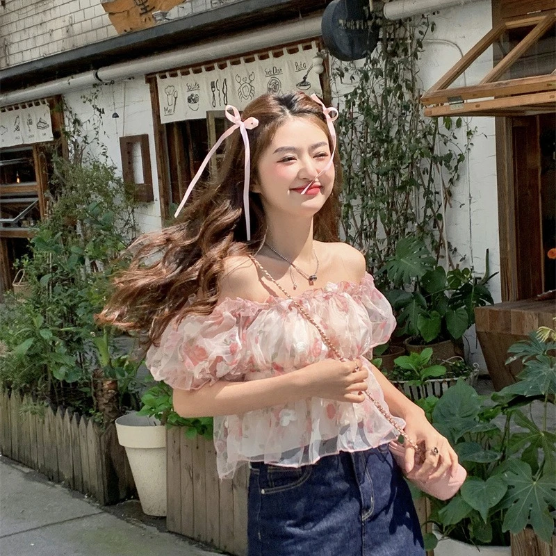 Sweet Fairycore Blouses Women Summer New Korean Floral Slash Neck Short Blouse Students Versatile Cute Y2k Tops Female