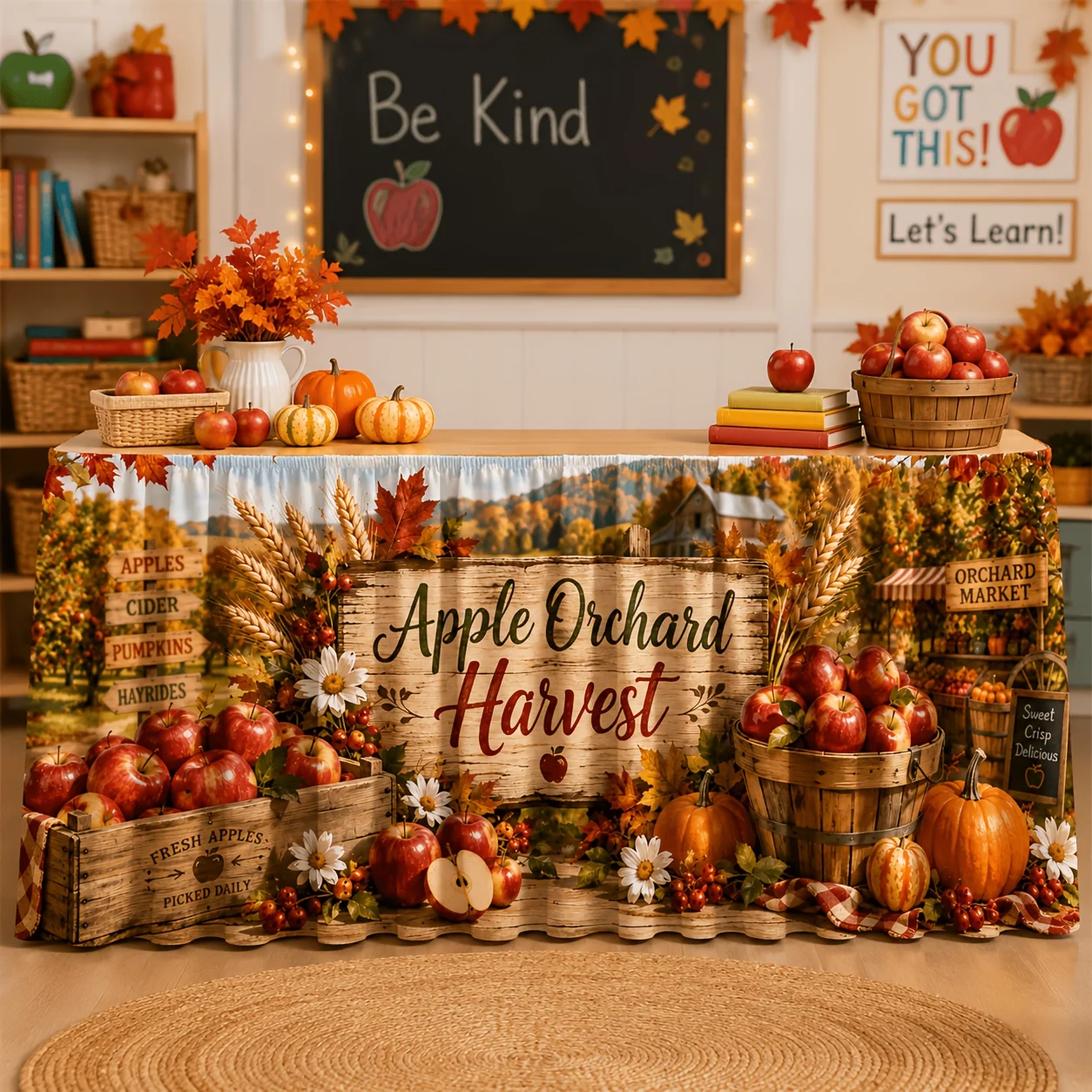 1 piece of tablecloth - Orchard Harvest Theme - Red apples, pumpkins, maple leaves,daisies - Farm style - Autumn Thanksgivingxzj