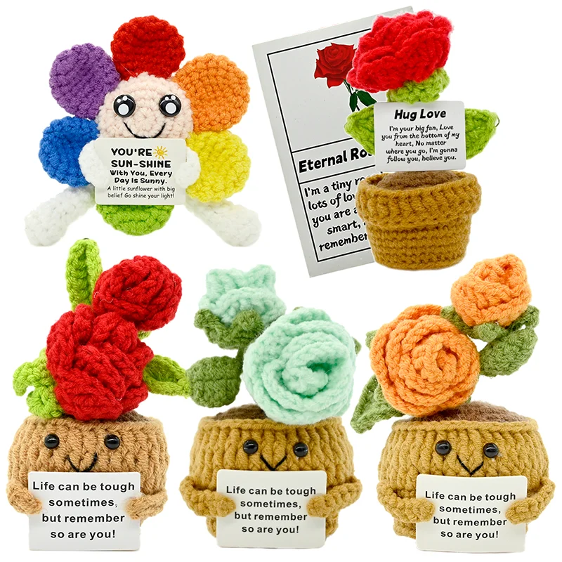 PlantSeries Positive Energy Rose Sunflower Crochet Doll Handmade Knitted Potted Plant Hug Encouragement Card Mini Desk DecorGift