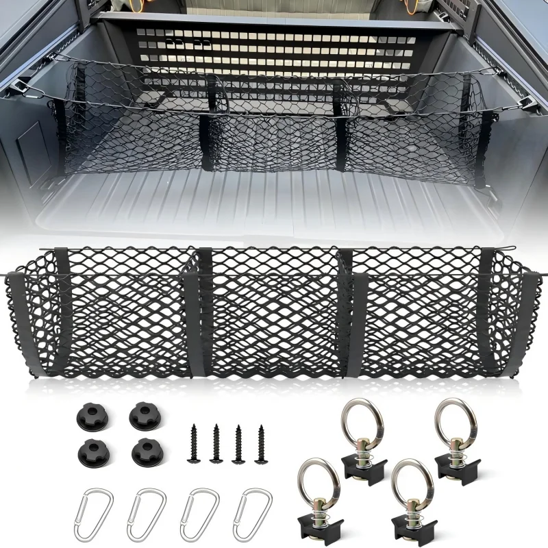 Car Boot Organiser Mesh With L-Shaped Rails Rings D-Ring Carabiners ForTesla 2024–2025 Cybertruck Boot Organiser Mesh