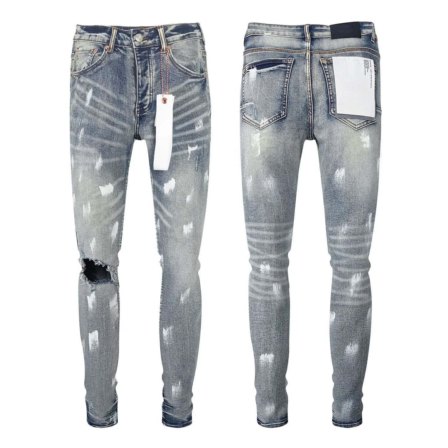 

Distressed Denim Jeans For Man 2024 Spring/Summer Light Blue Cotton Blend Ripped Design Slim Fit Zipper Style Paint Splatter