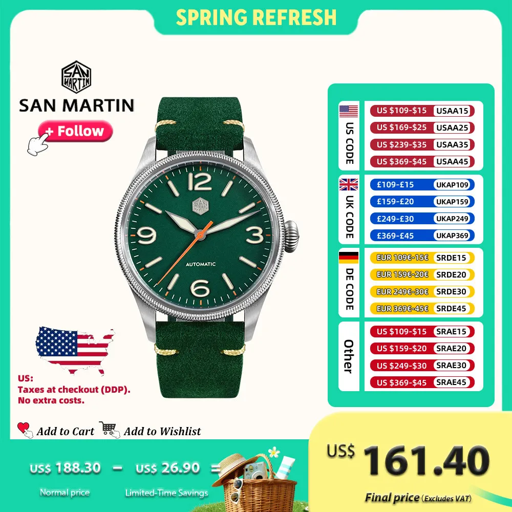 

San Martin 38.5mm Simple Pilot Vintage Style Original Design NH35 Automatic Mechanical Watches for men Sapphire 10Bar SN0033