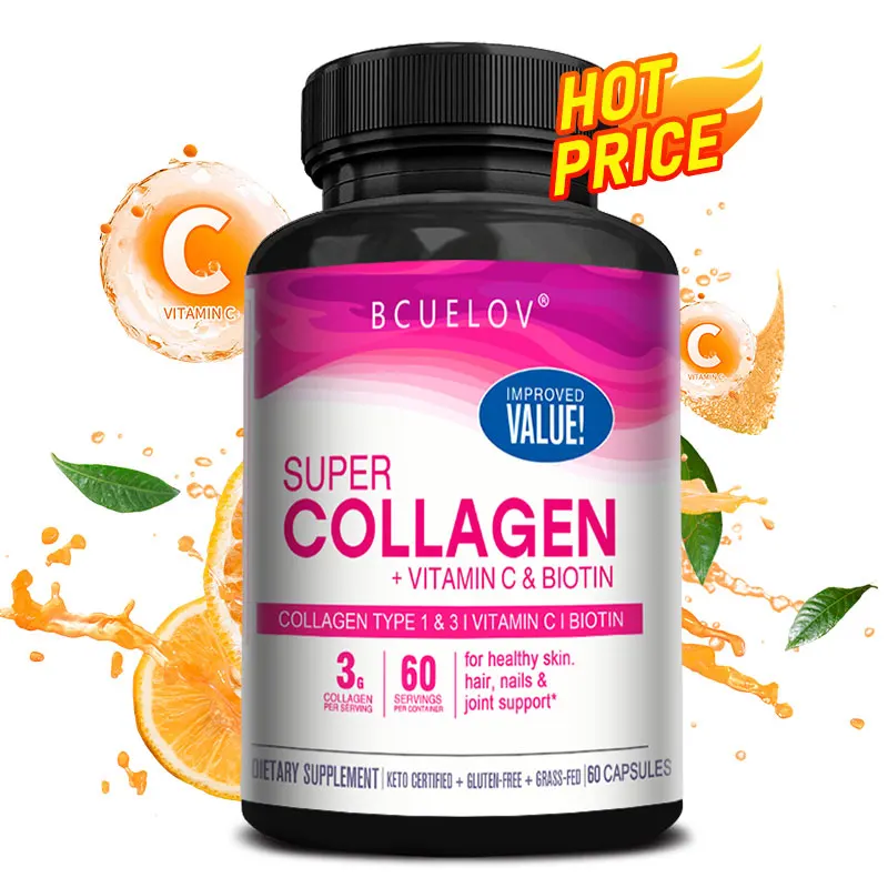 Super Collagen, Vitamin C and Biotin to promote healthy skin and support hair, nails and joint health