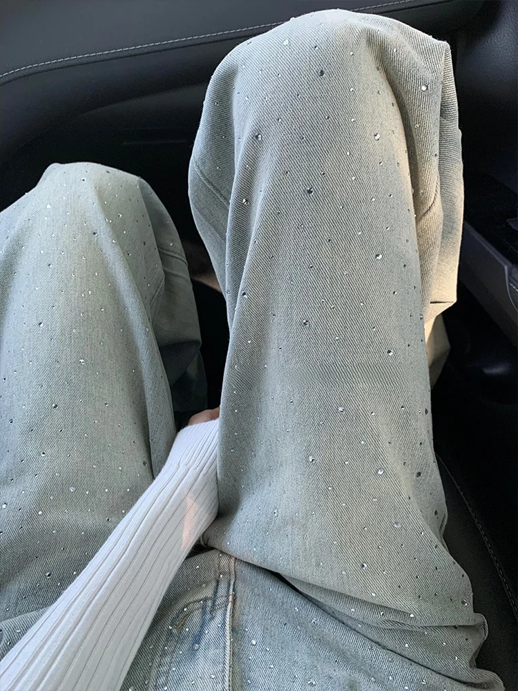 التخسيس الضوء الأزرق مستقيم الساق الجينز المرأة عالية الخصر الماس مزين عارضة تناسب السراويل فضفاضة الطابق طول