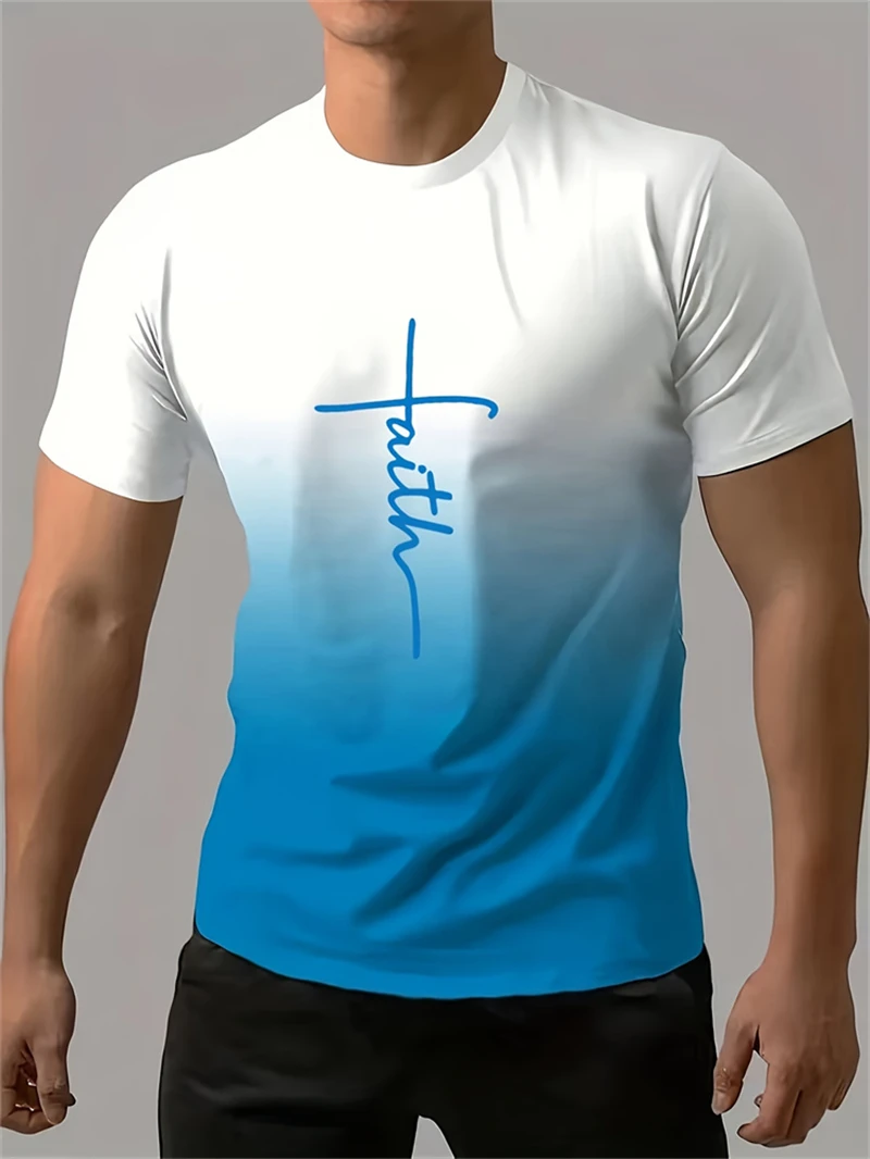 

Trend Gradient Letters Graphic T Shirts For Men Fashion Summer Streetwear 3D Printed Crew Neck T-shirts Cool Oversized Tees Tops