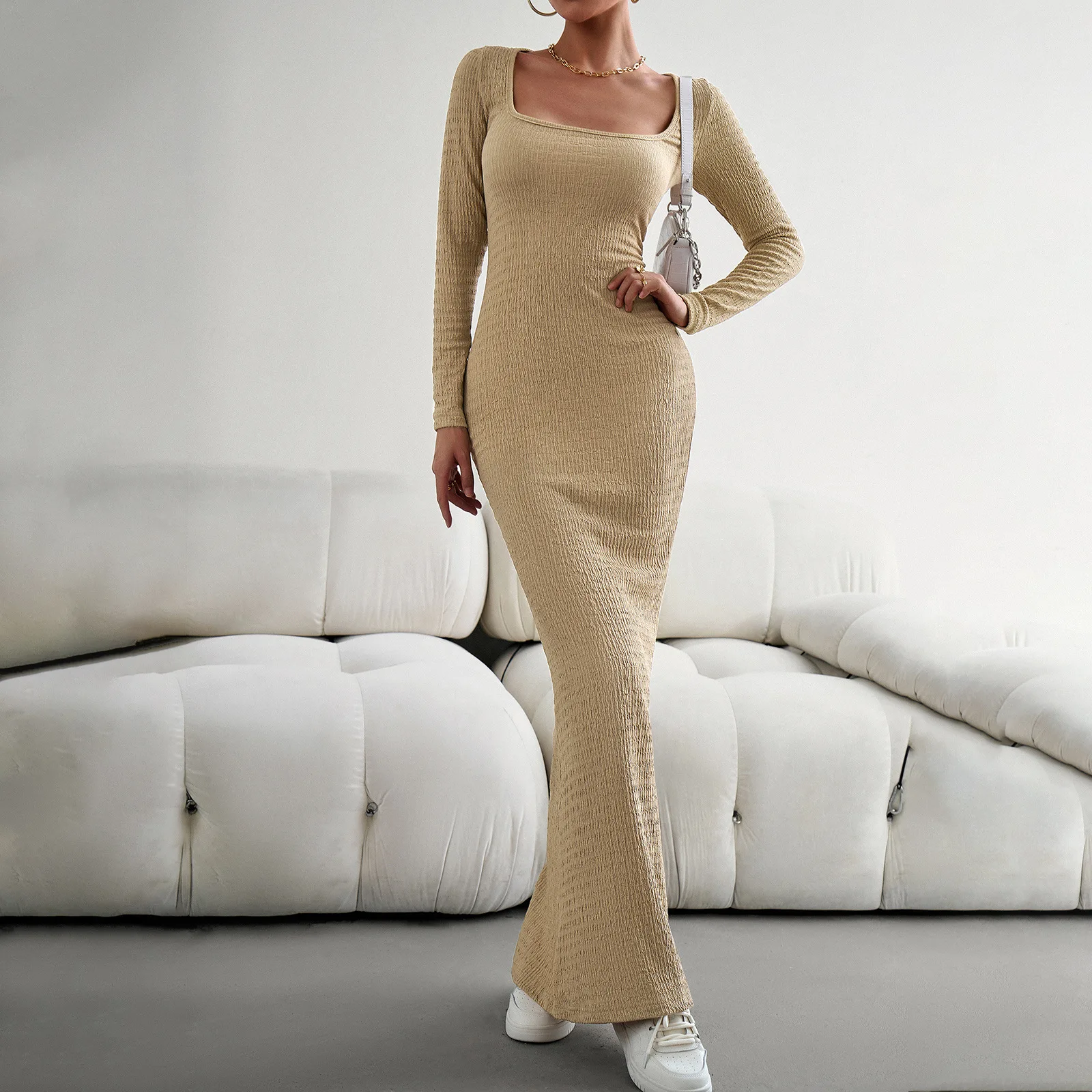 

2023 New Women Sexy Bodycon Dress Elegant Square Neck Knit Maxi Dress Vestidos Women Long Sleeve Long Dress Vestidos Femme