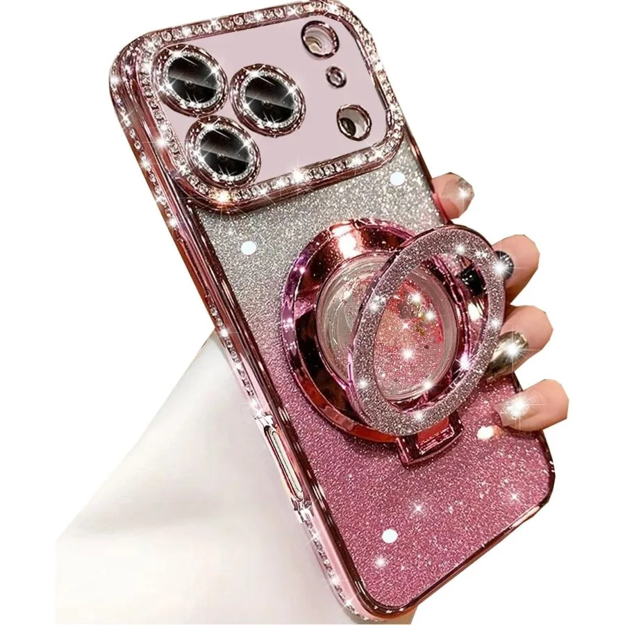 Sparkly Glitter Kickstand Case for iPhone 17 Pro Max with Camera Lens Protector and Liquid Flowing Ring Stand Design Cute Bling