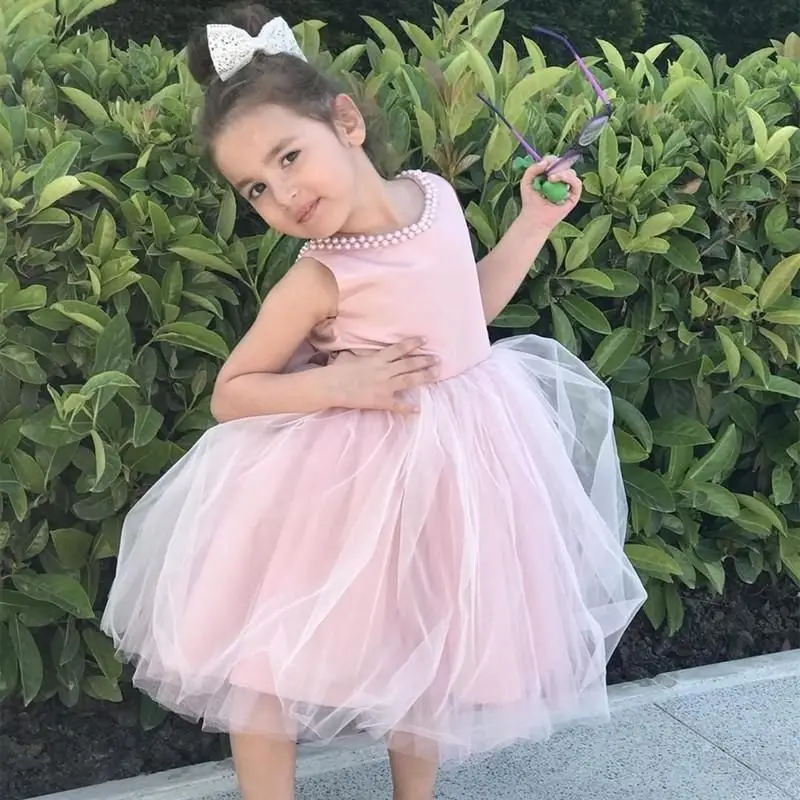 Robe en tulle rose pour filles, jolie robe fleurie pour mariages, perles simples et bon marché, longueur de thé, nœud pour bébé, anniversaire, fête d'anniversaire pour enfants