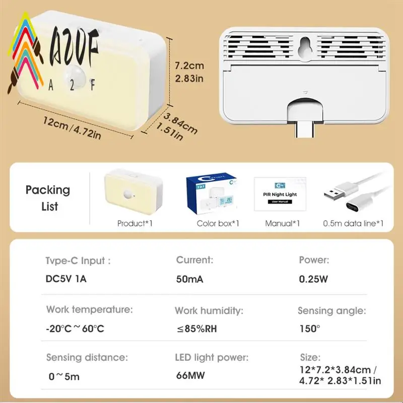 

A20F-PIR Night Light Intelligent Human Body Sensor Lamp Home Aisle Cabinet Bedroom Typec Plug-In LED Bedside Night Light