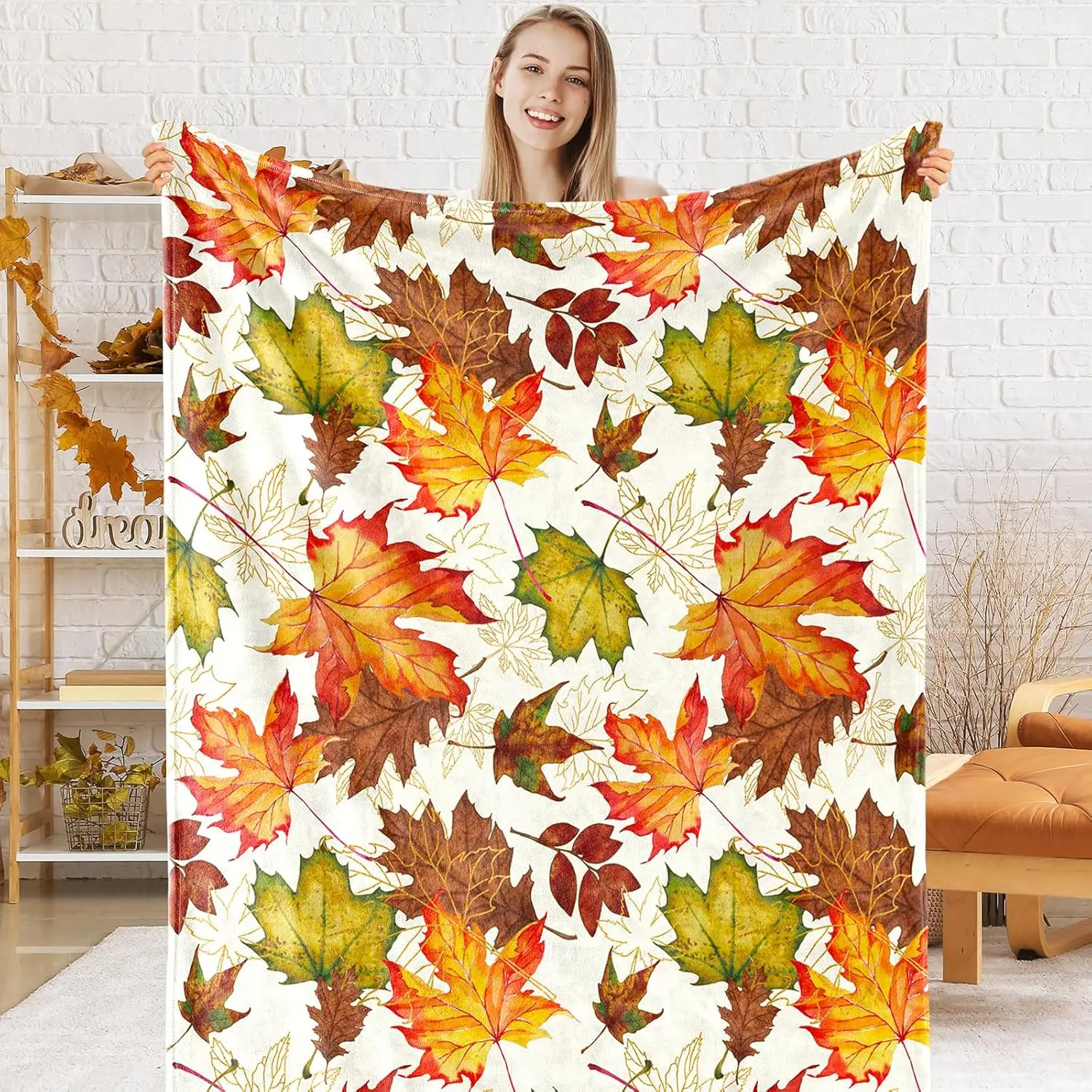 1pc Vintage Autumn Pumpkin and Maple Leaf Plaid Print Flannel Throw Blanket Cozy Soft Knitted Polyester, All-Season Lightweight