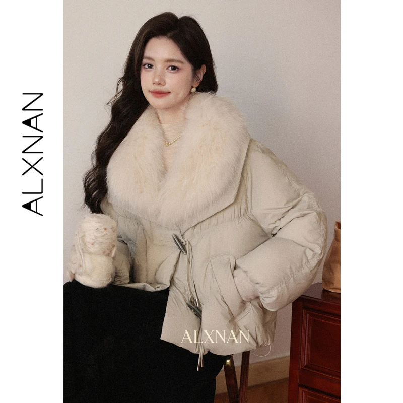 ALXNAN Women's Down Jacket Warm Padded Outerwear Parka 2026 Fall Fashion Luxury Fluffy Thick Snow Hooded Overcoat Female L59352